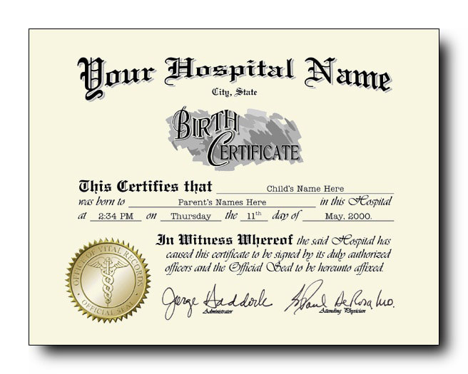 Fake Birth Certificate with raised gold seal template #1